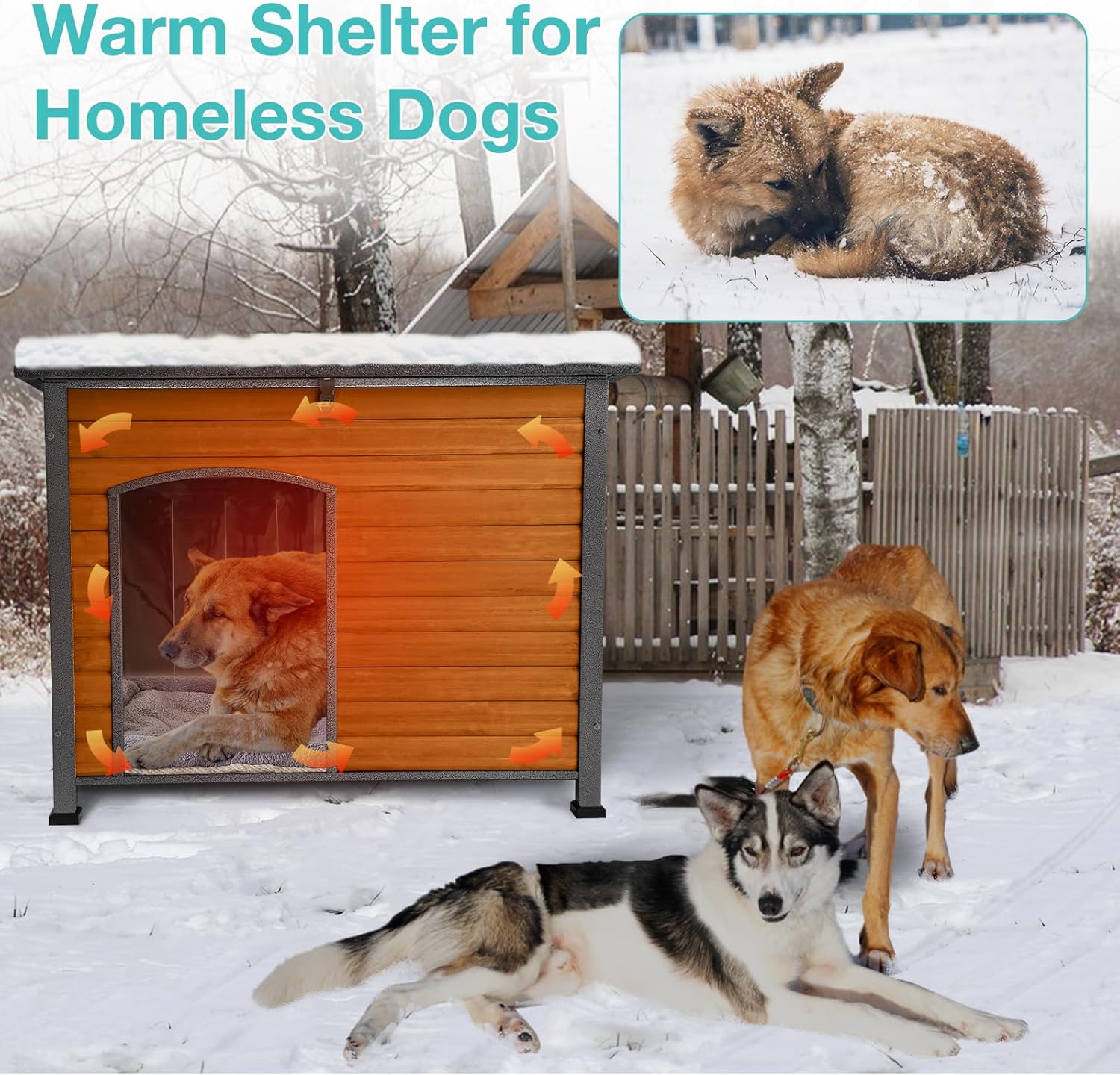 Feral Dog House Outdoor,Anti Bite Iron Frame Dog Kennel,Wood Warm Pets Home,Insulated Weatherproof Outside Shelter for Feral Animal (43.3" (L) x 29.4" (W) x 33.4" (H)-Brown-in)