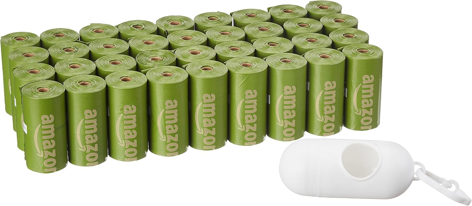 Amazon Basics Dog Poop Bags with Dispenser, 540 Count, Enhanced for Guaranteed Leakproof, Brazilian Mango Scented, Includes Leash Clip