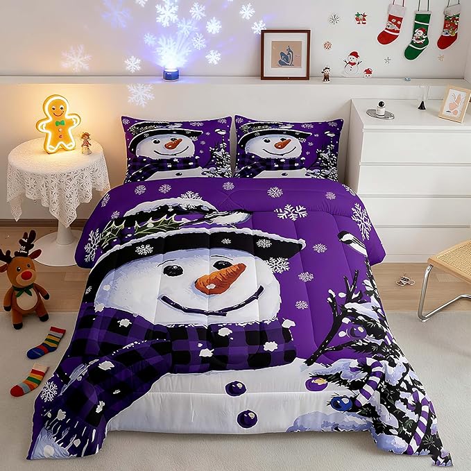Feelyou Kids Christmas Theme Decorations Bedding Set Xmas Snowman Comforter Set for Boys Girls Snowflake Kawaii Cute Purple Bedroom Collection Full Size