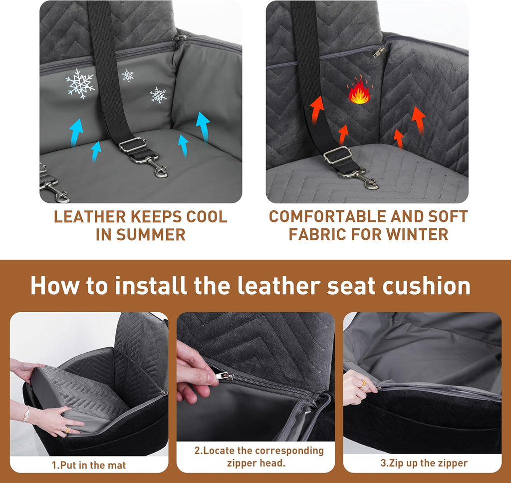 Dog Car Seat Booster with Waterproof Cover, Memory Foam, Small/Medium Dog Bed for Car Back Seat for Travel, Black/Grey, 2 Safety Belt