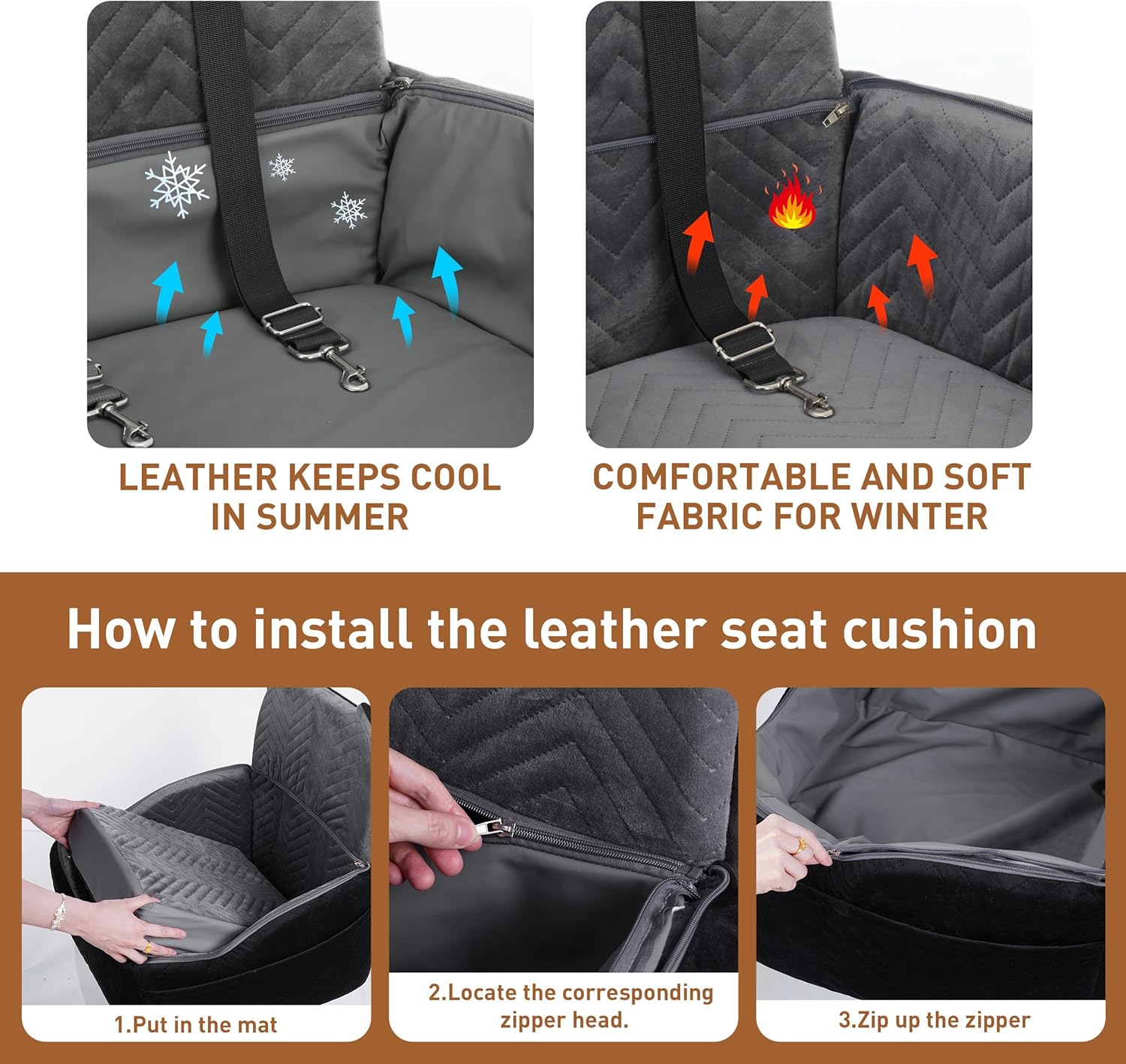 Dog Car Seat Booster with Waterproof Cover, Memory Foam, Small/Medium Dog Bed for Car Back Seat for Travel, Black/Grey, 2 Safety Belt