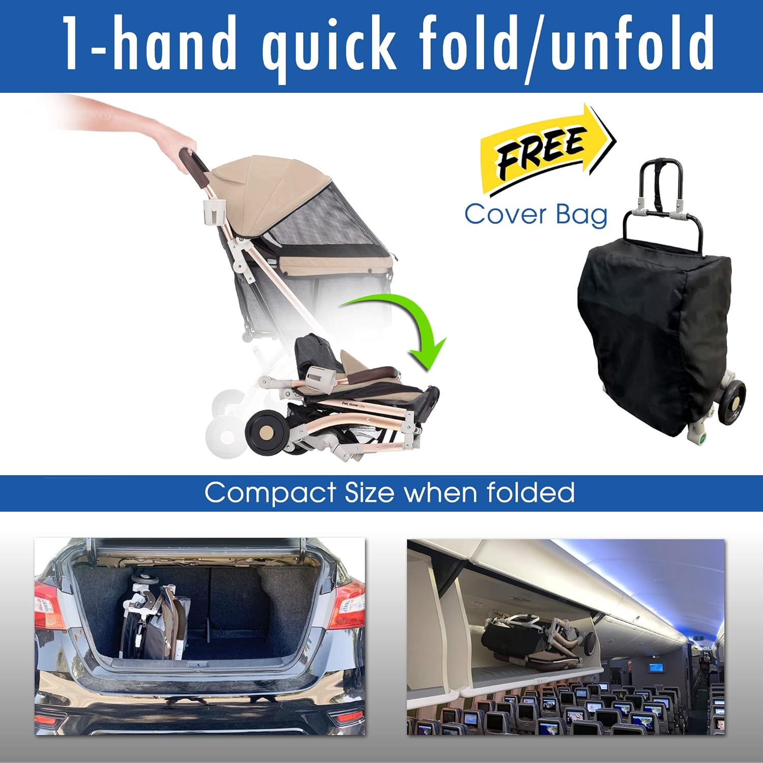 HPZ-PR America Pet Rover Lite Premium Light-Weight Dog/Cat/Pet Stroller Travel Carriage with Convertible Compartment/Aluminum Frame for Small & Medium Pets (Taupe 2nd-Gen.)