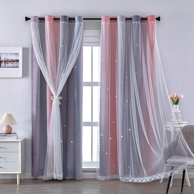 XiDi Curtains for Girls Bedroom Decro,Full Blackout 84 Inches Long for Kids Room, Colorful Rainbow Design, Unicorn Wall Decor Ombre Curtains, Princess Room Pink/Grey