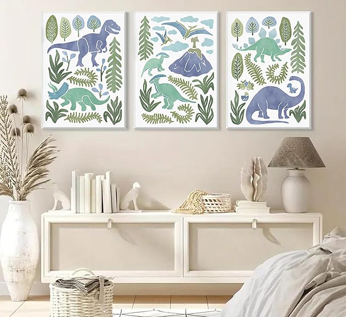 Baby Boys Nursery Wall Art Blue Green Dinosaur Pictures Wall Decor Stegosaurus T-Rex Triceratops Pterodactyl Posters Artwork Watercolor Dino Painting Canvas Prints for Kids Room Toddler Boy Room Decor