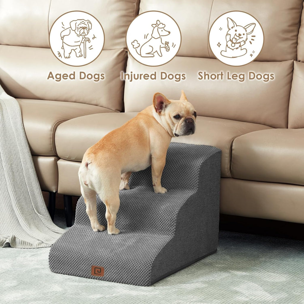 EHEYCIGA Curved Dog Stairs Ramp for Small Dogs 15.7" H, 3-Step Dog Steps for Couch Sofa and Chair, Pet Stairs for Cats, Non-Slip Balanced Pet Steps Indoor, Grey