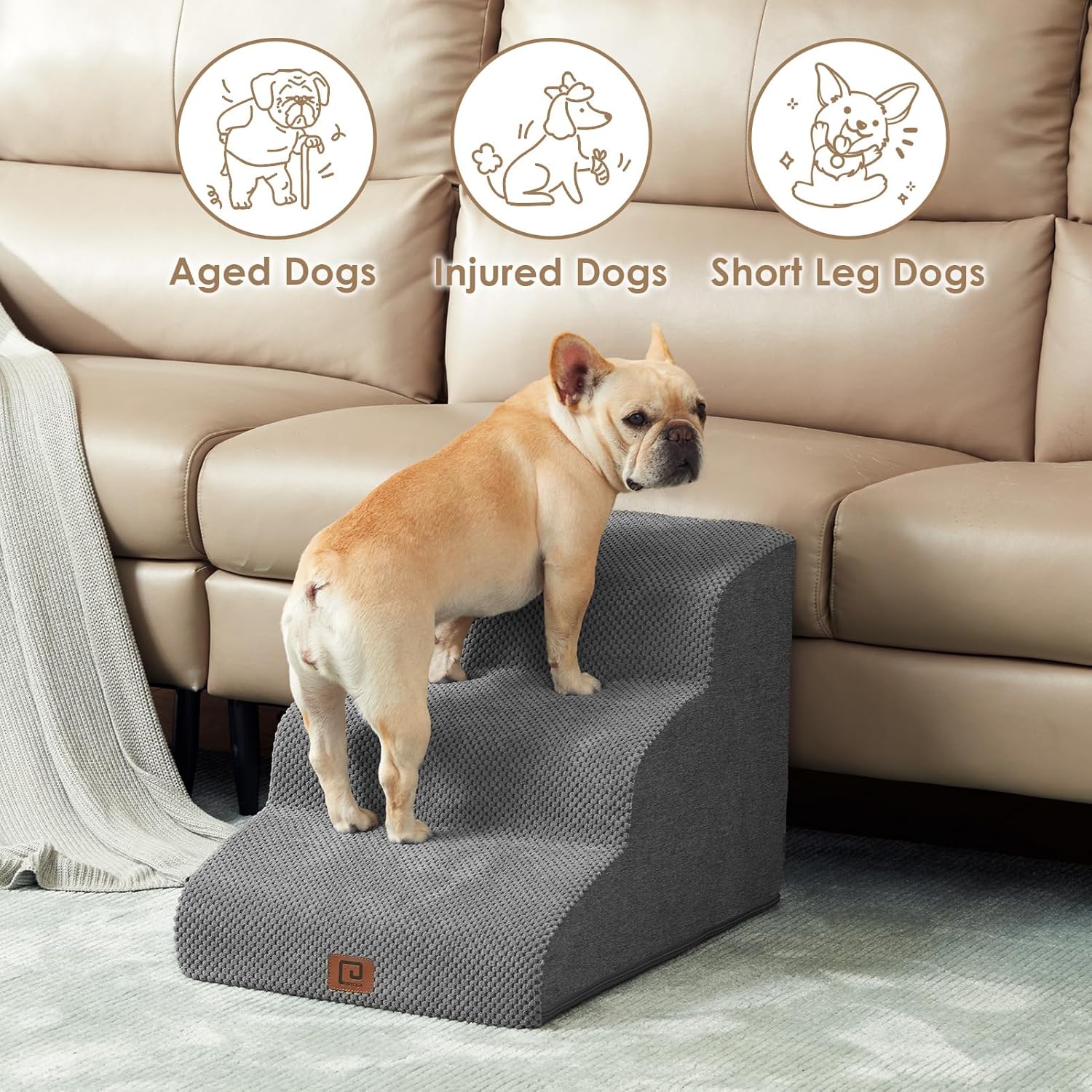 EHEYCIGA Curved Dog Stairs Ramp for Small Dogs 15.7" H, 3-Step Dog Steps for Couch Sofa and Chair, Pet Stairs for Cats, Non-Slip Balanced Pet Steps Indoor, Grey