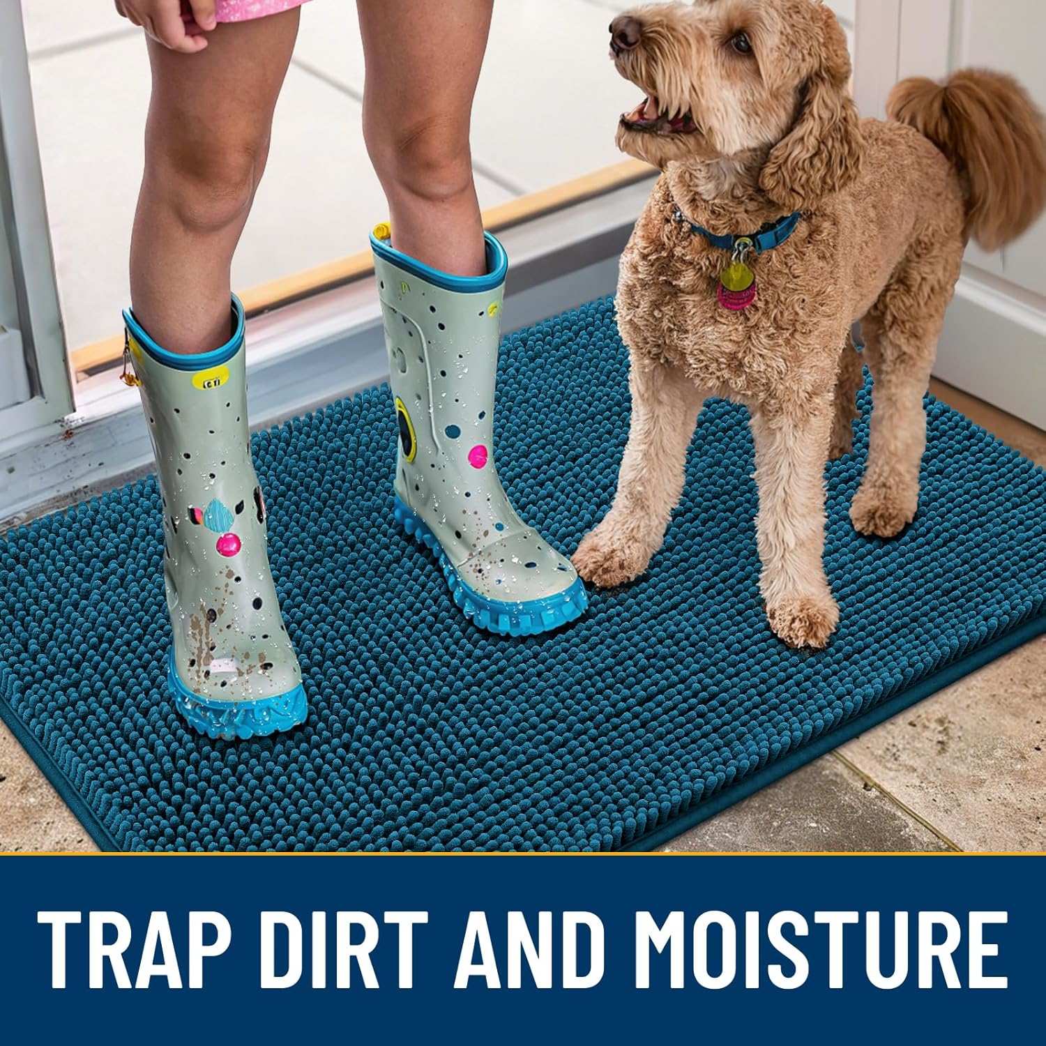 Smiry Dog Door Mat for Muddy Paws 40x32, Absorbs Moisture and Dirt Doormat, Non-Slip Washable Quick Dry Chenille Front Door Mat Indoor Entrance, Entryway Carpet for Inside Floor, Atlantic Blue