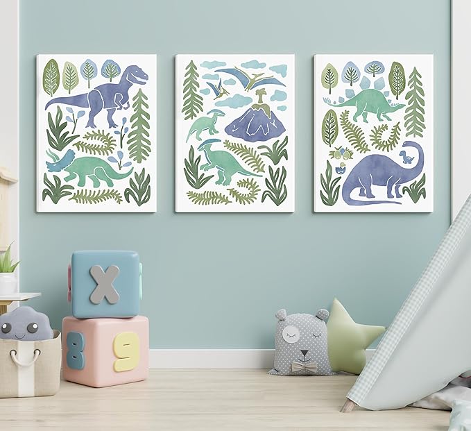 Baby Boys Nursery Wall Art Blue Green Dinosaur Pictures Wall Decor Stegosaurus T-Rex Triceratops Pterodactyl Posters Artwork Watercolor Dino Painting Canvas Prints for Kids Room Toddler Boy Room Decor
