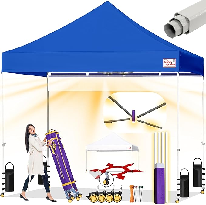 Tradesparker 8x8 Pop Up Canopy Tent,Commercial Movable Canopy with ApexCore LED & Rugged Casters-Instant Easy Setup Shelter Canopies with Weight Bags & Stakes for Oudoor Events Markets Vendors,Blue