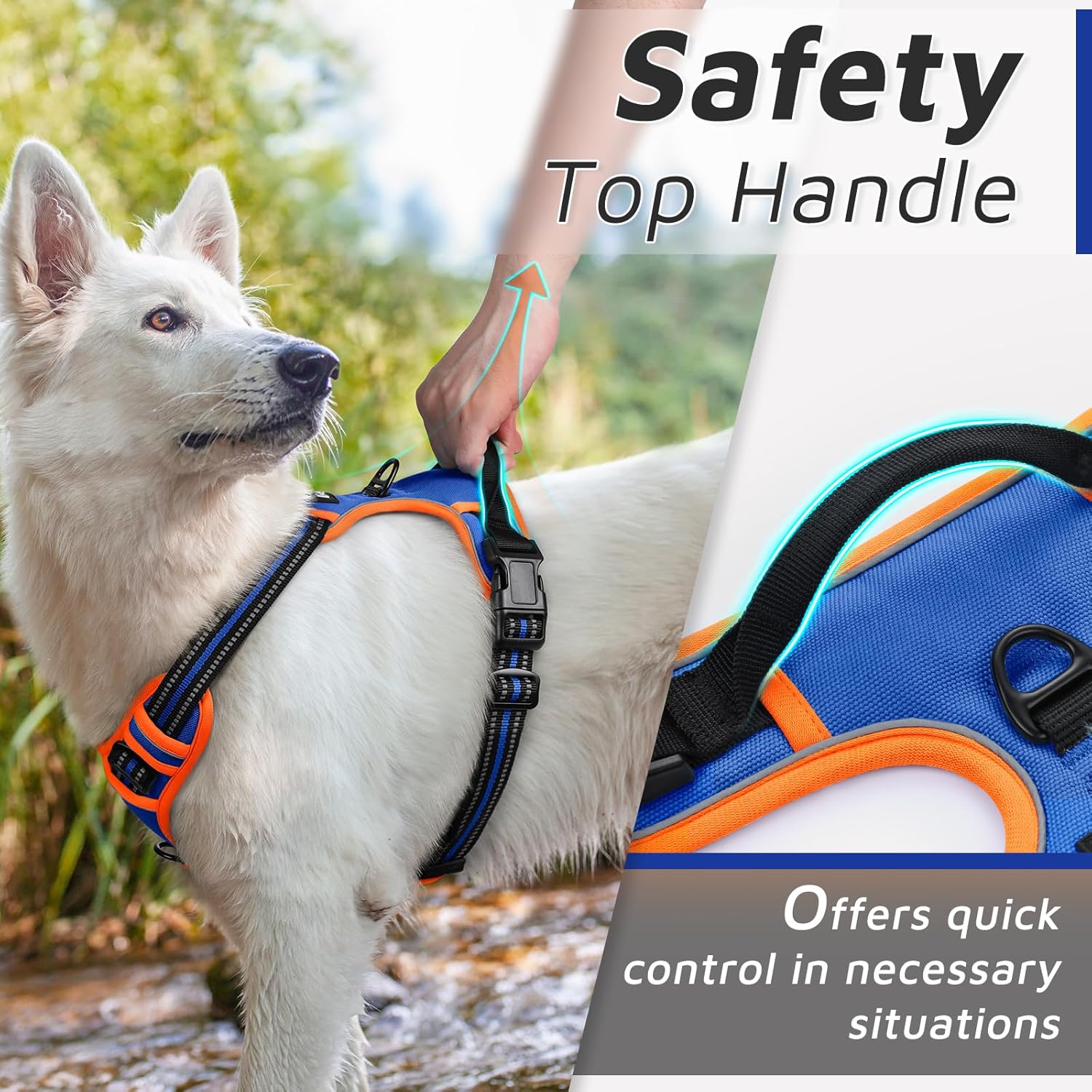 Eagloo Dog Harness for Large Dogs, No Pull Service Vest with Reflective Strips and Control Handle, Adjustable and Comfortable for Walking, No Choke Harness with 2 Metal Rings, Blue & Orange, M