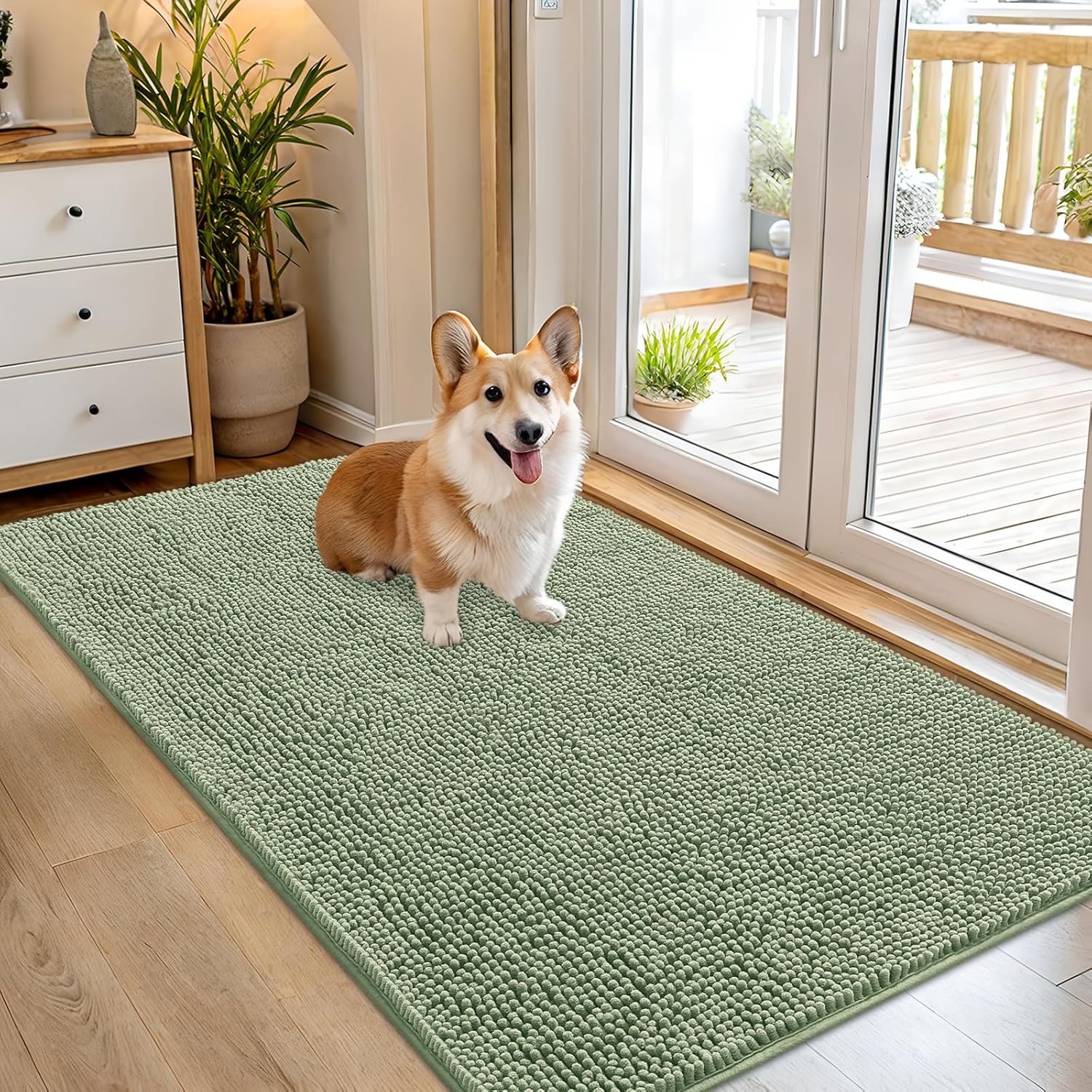 OLANLY Dog Door Mat for Muddy Paws 54x32, Absorbs Moisture and Dirt, Absorbent Non-Slip Washable Doormat, Quick Dry Chenille Mud Mat for Dogs, Entry Indoor Entryway Carpet for Inside Floor, Sage Green
