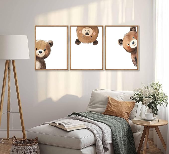 3Pcs Baby Teddy Bear Nursery Wall Art Peeking Bear Pictures Wall Decor Peekaboo Kids Room Decor Woodland Animal Posters Neutral Nursery Painting Canvas Print Artwork for Children's Baby Room Bedroom