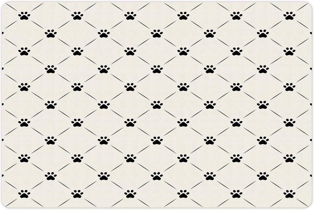 Lunarable Cat Pet Mat for Food and Water, Kitten Paw Footprints in Mirroring Marks Geometric Diamond Shapes Abstract Art Pattern, Non-Slip Rubber Mat for Dogs and Cats, 18" X 12", Beige Black