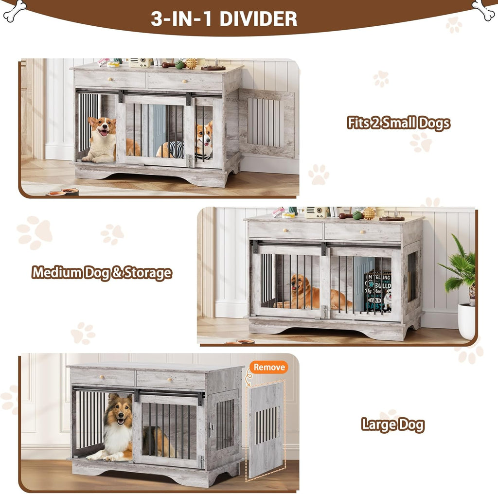 Dog Furniture Crate, 47" Large Dog Crate Furniture w/ 2 Storage Draws & Removable Divider for Large/Medium/Small Dogs (Grey, Double Cage)