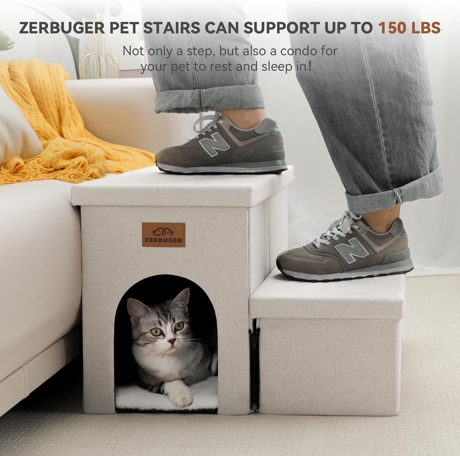 Dog Stairs with Condo 15" H, 2-Step Wider Dog Steps for Small/Medium/Large Old Dogs Cats, Folding Sturdy Storage Pet Stairs Climbing Bed Couch, Ramp for Car Hold Up to 150 lbs, Beige
