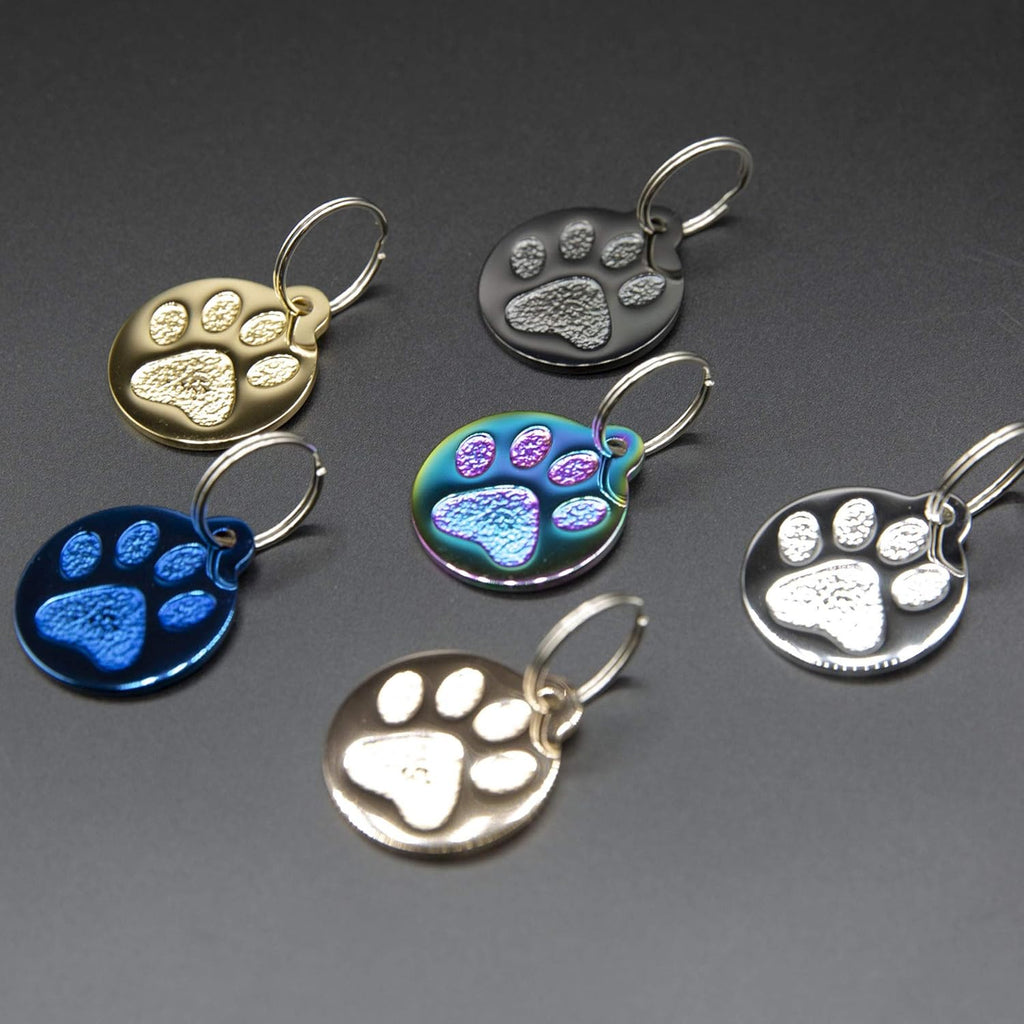 Engraved Pet Tag for Dogs and Cats - Personalized Front & Back up to 4 Lines of Text Custom Engraved ID, Round Paw Print Solid Plating Stainless Steel Rose Gold Regular