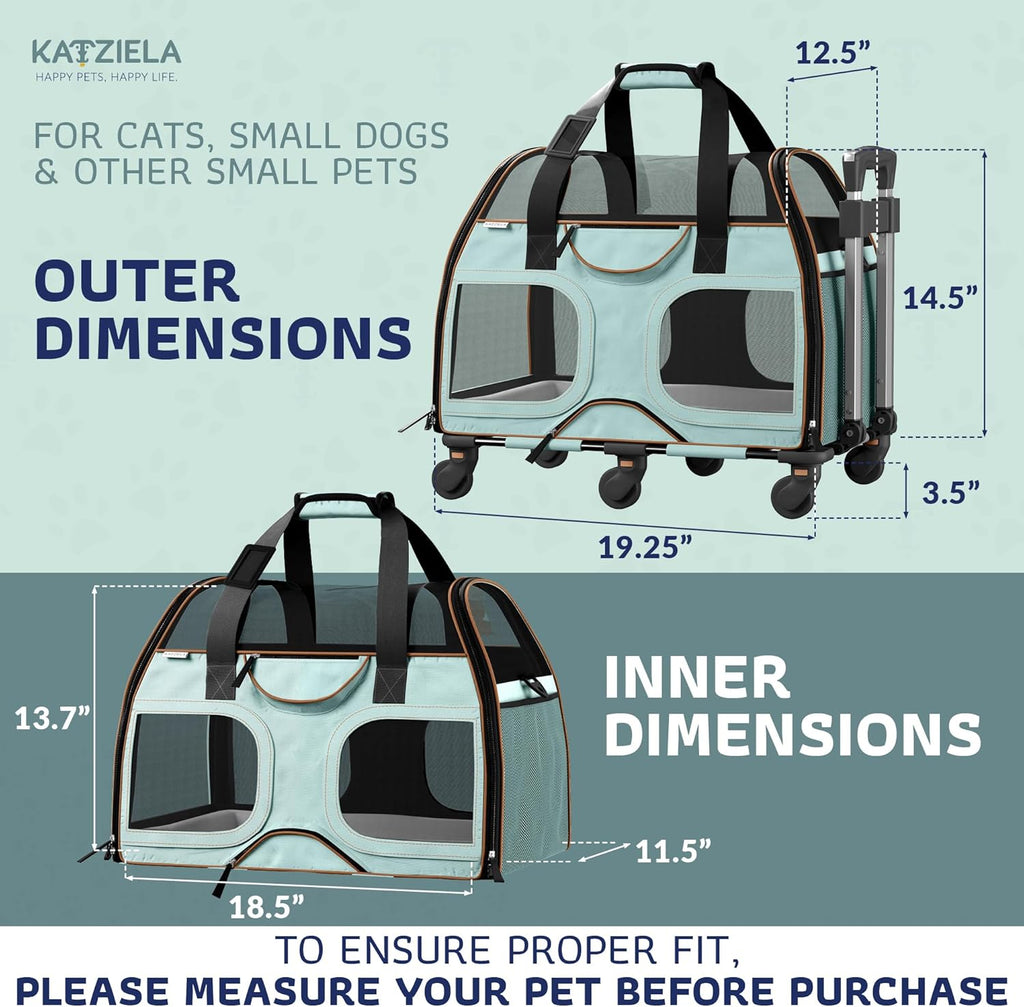 Katziela Pet Carrier - Airline Compliant Dog Carrier - TSA Approved Pet Carrier for Small Dogs and Cats - Soft FAA Travel Airplane Dog Carrier Luggage (Blue/Brown-6 Wheels)