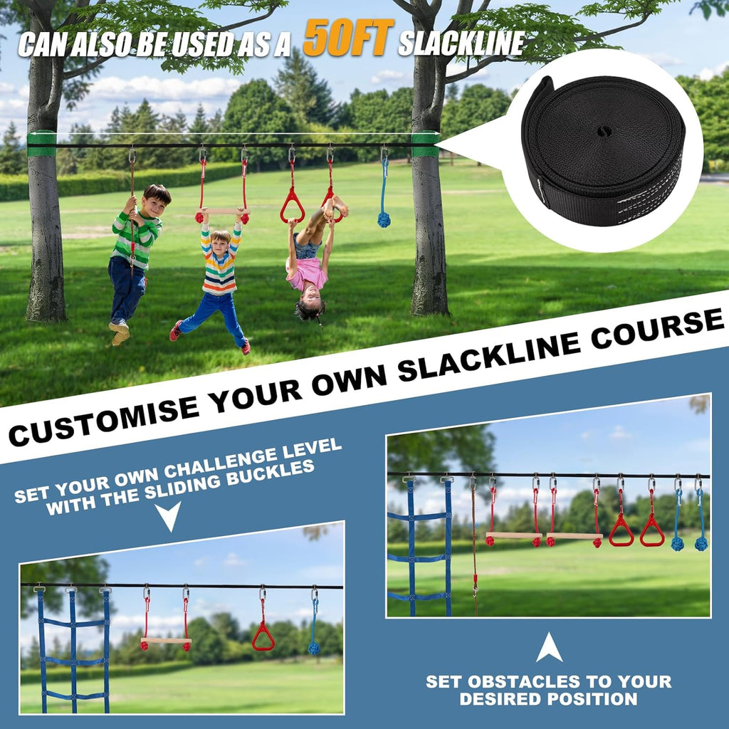 Slsy Ninja Warrior Obstacle Course for Kids, 50FT Durable Ninja Slackline Kit with 8 Complete Accessories, Playset Equipment with Swing, Climbing Net, Ladder & Monkey Bars (8 Obstacles)