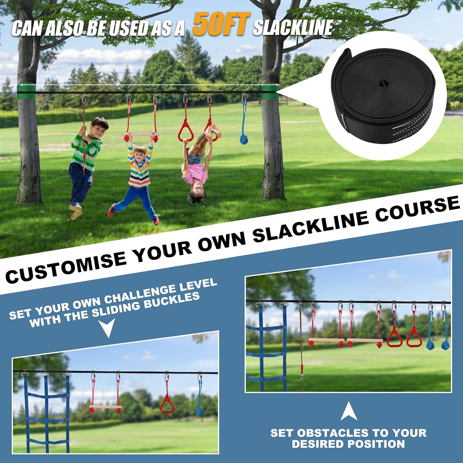 Slsy Ninja Warrior Obstacle Course for Kids, 50FT Durable Ninja Slackline Kit with 8 Complete Accessories, Playset Equipment with Swing, Climbing Net, Ladder & Monkey Bars (8 Obstacles)