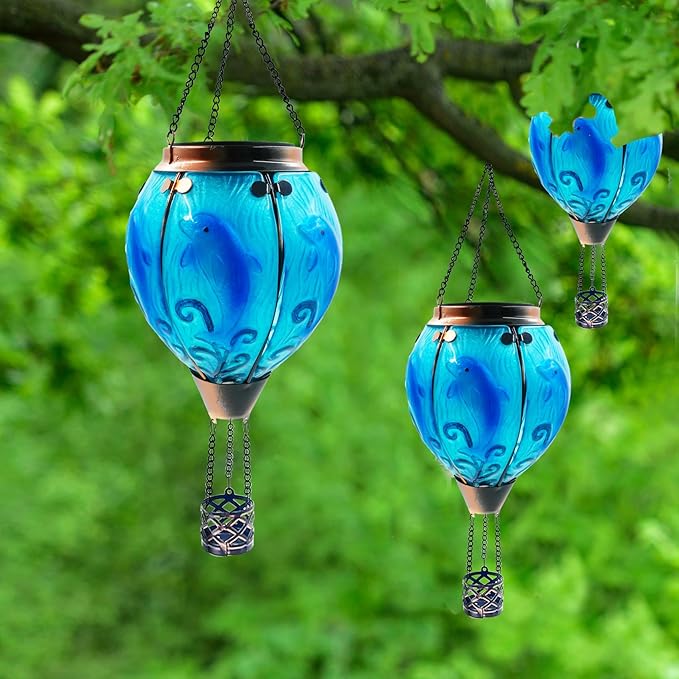 Glass Solar Hot Air Balloon Lantern with Flame Hanging Garden Flickering Light Outdoor Waterproof for Yard Patio Tree Mother's Day Gift, Dolphin