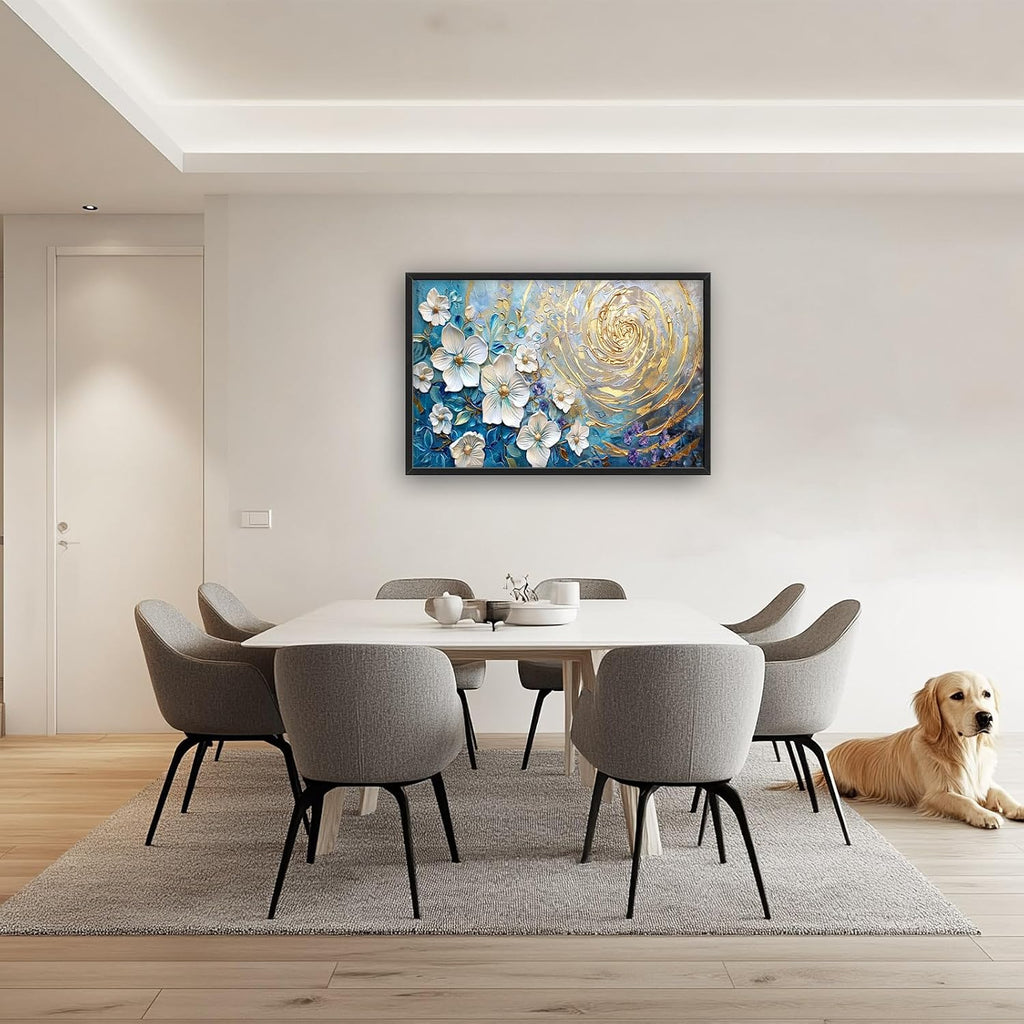 Flower Large Wall Art White Floral Pictures Abstract Golden Spiral Texture Wall Decor Canvas Print Painting Artwork for Bathroom Living Room Bedroom 36L" x 24W"