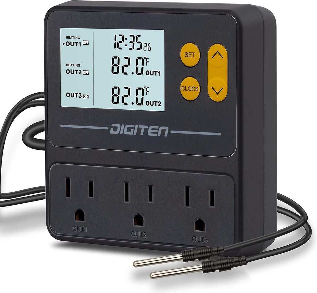 DIGITEN Reptile Temperature Controller with Timer Day-Night,3-Stage Outlet Thermostat Cooling Heating Mode Temperature Controlled for Ball Pythons,Mushroom,Fermentation,Bearded Dragon