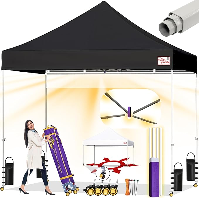 Tradesparker 8x8 Pop Up Canopy Tent,Commercial Movable Canopy with ApexCore LED & Rugged Casters-Instant Easy Setup Shelter Canopies with Weight Bags & Stakes for Oudoor Events Markets Vendors,Black