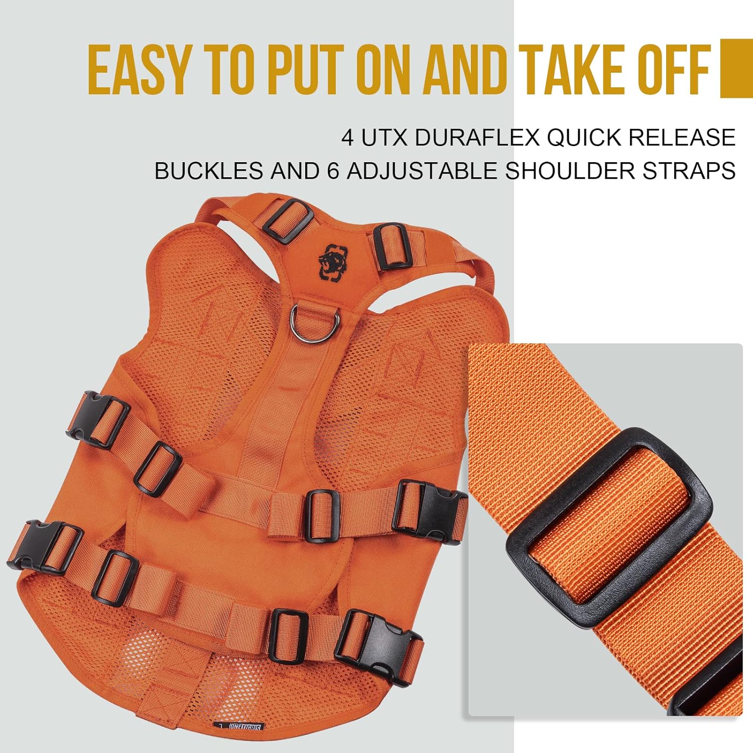 OneTigris Mesh Design Tactical No Pull Dog Harness for Large Dogs, Breathable Service Dog Vest Harness with Handle, Military Dogs Vest with Molle Panels for Walking Hiking (Orange, X-Large)