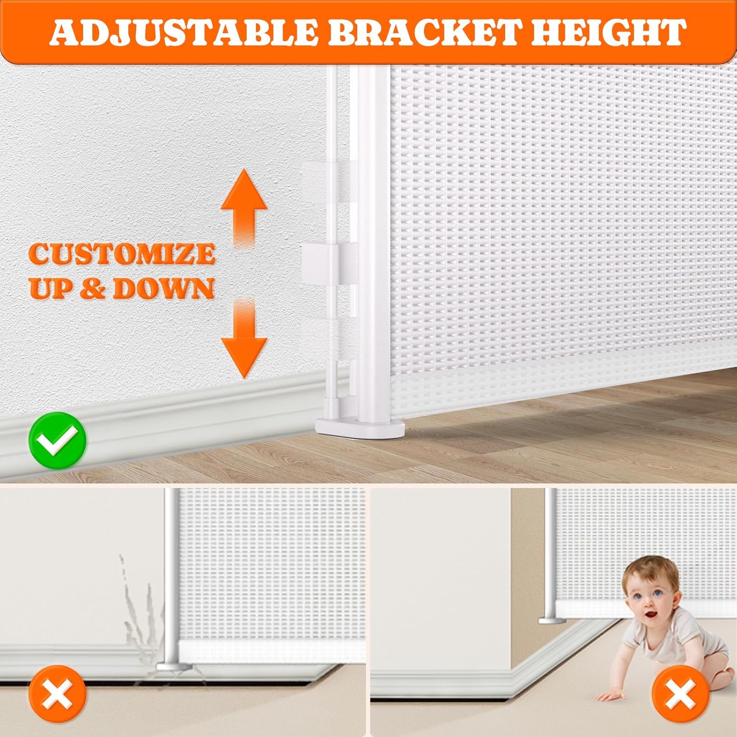 Pawtners Retractable Baby Gates Extra Wide, 41" Tall Extends up to 71" Wide, Dog Gate Indoor with for Stairs, Pet Gate with Support Rods for Doorways Hallways Indoor & Outdoor-White