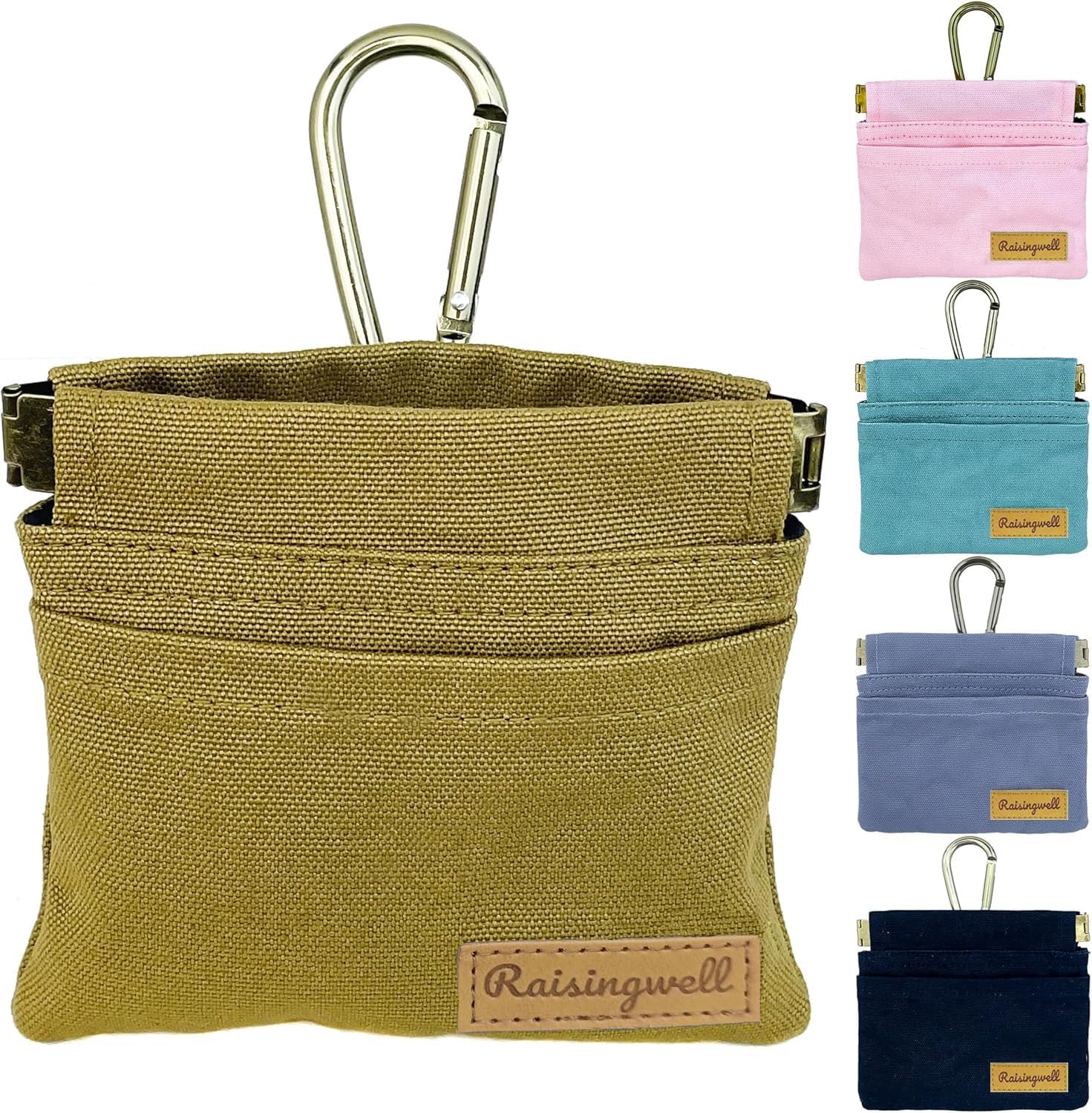 Dog Treat Pouch, Brown Pocket Sized Pet Training Pouch, Cotton Fabric, Hand Free Dog Walking Bag with Carabiner, Self-Closing Pet Feed Snack Reward, for Puppy Travel or Outdoor Use