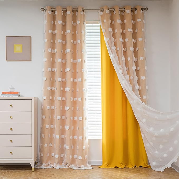 MYSKY HOME Yellow Curtains for Living Room Nursery Curtains 84 Inch Long Double Layer Curtains for Kids Room White Pom Pom Sheer Blackout Grommet Room Darkening Window Curtains 2 Panels Set 52" x 84"