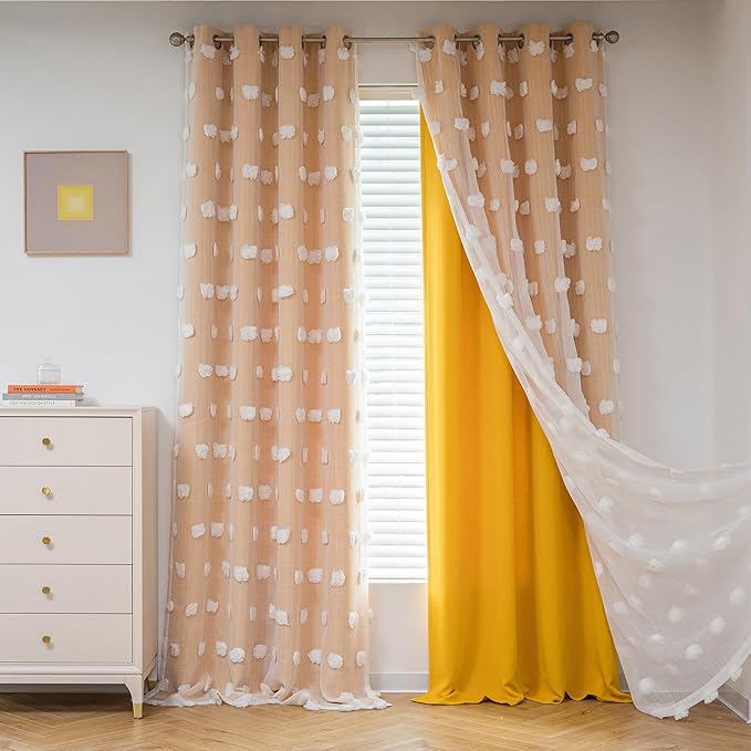 MYSKY HOME Extra Long Double Layer Curtains for Bedroom Princess Curtains for Daughter Room 95 Inches Long Pom Pom Sheer Curtains with Grommet Yellow Blackout Curtains for Living Room 52 x 95 Inch
