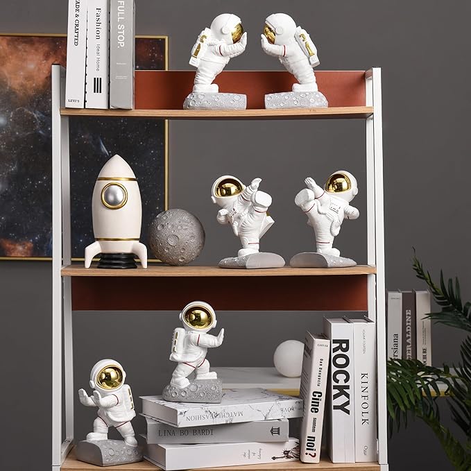 Space Decor Bookends, Resin Astronaut Bookshelf Ends for Kids Rooms Gold Book Ends for Heavy Books Fun Heavy Duty Book End Holder Astronaut Figurine Statue for Office Home Room(D-Gold)