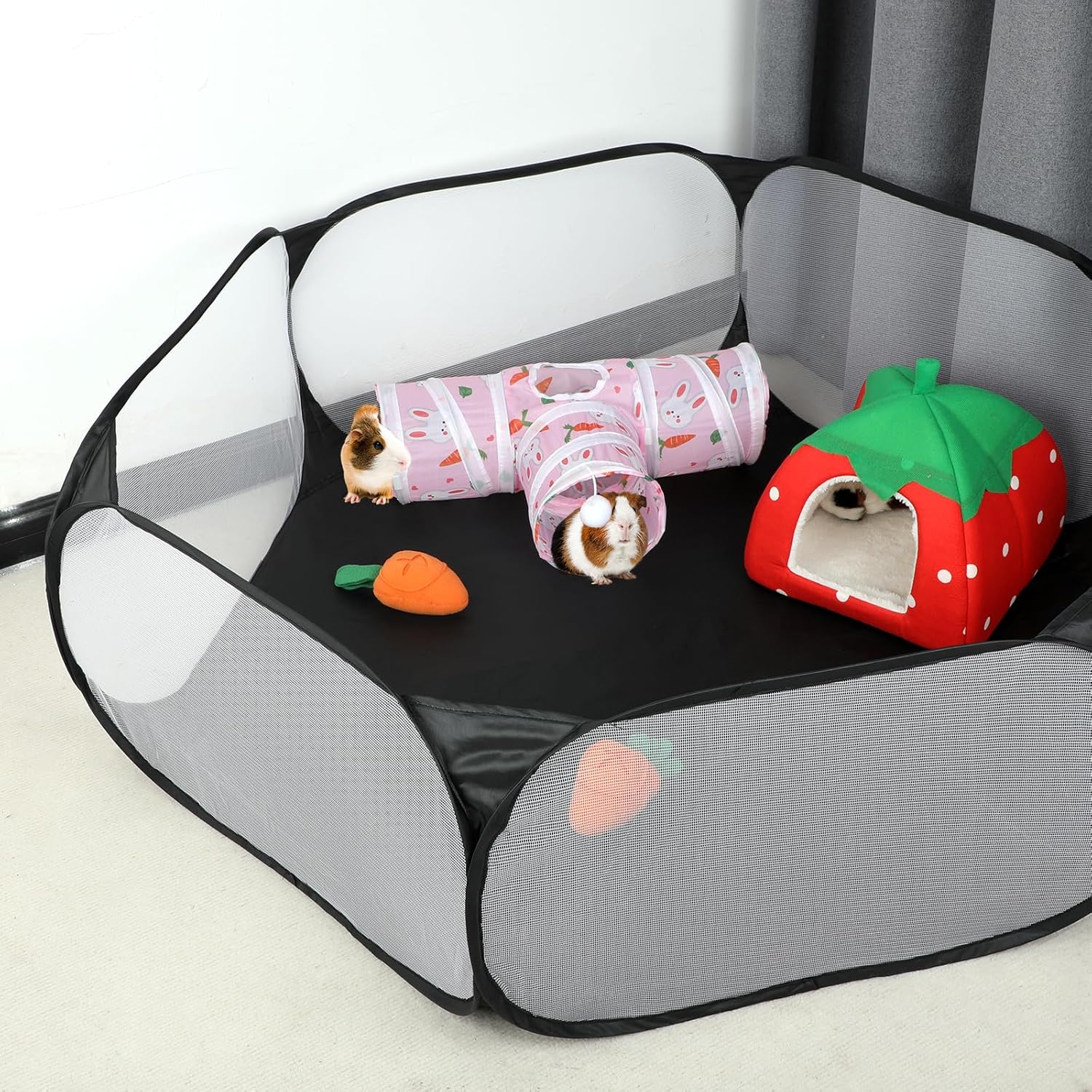 Rypet Guinea Pig Tunnel 3 Way Collapsible Small Pet Tunnels and Tubes with Interactive Ball for Baby Rabbit Ferret Hamster Chinchilla Hedgehog Hiding and Resting-Pink