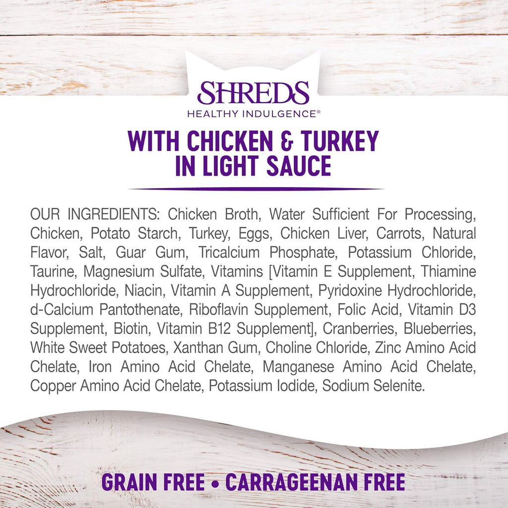 Wellness Healthly Indulgence Shreds Adult Wet Cat Food, Natural, Protein-Rich, Grain Free, 3 Ounce Pouch, 24 Pack, (Chicken & Turkey)
