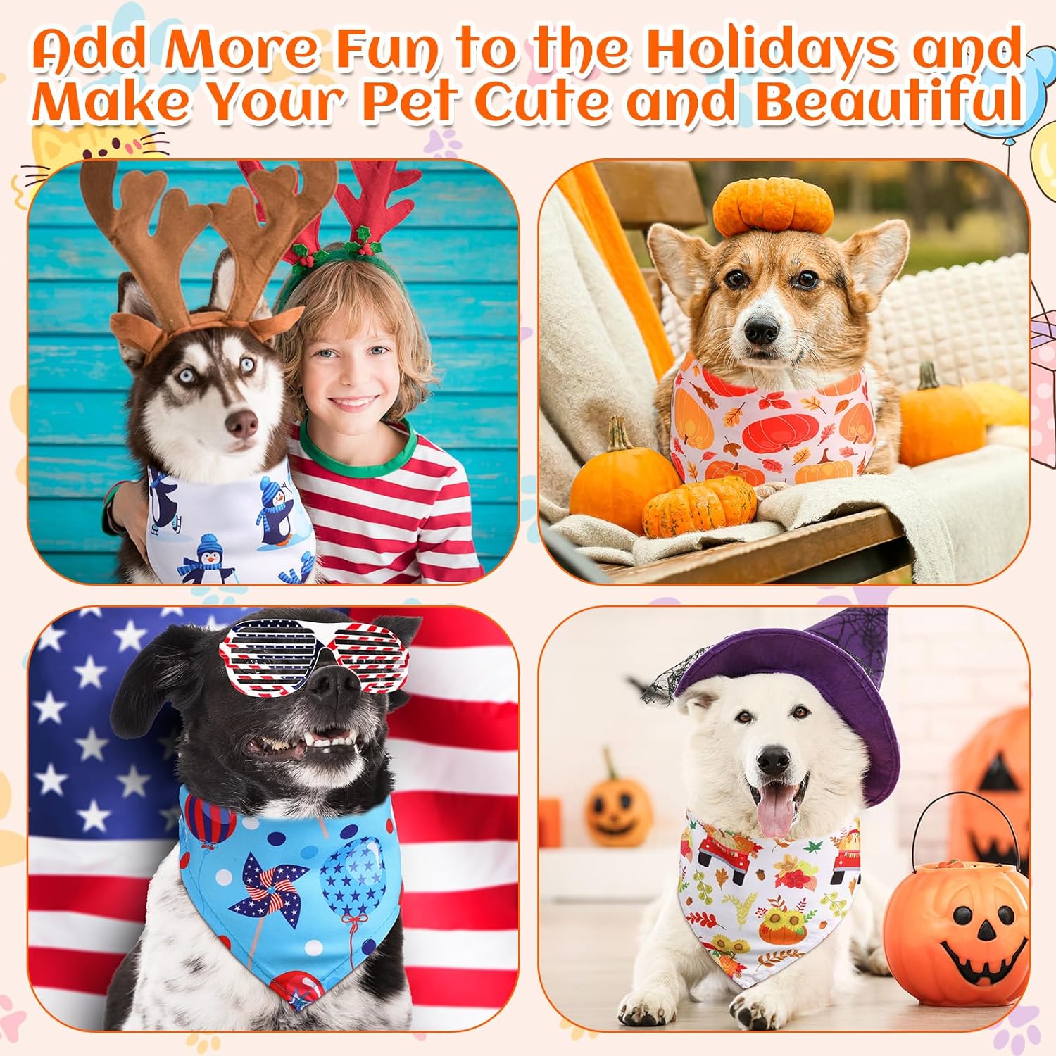 Reginary 72 Packs Holiday Dogs Bandanas Bulk Patriotic Halloween Thanksgiving Christmas New Year Birthday Summer Scarf Bibs Easter St. Patrick's Day Pets Bibs Adjustable Dog Bandana for Pet Costume