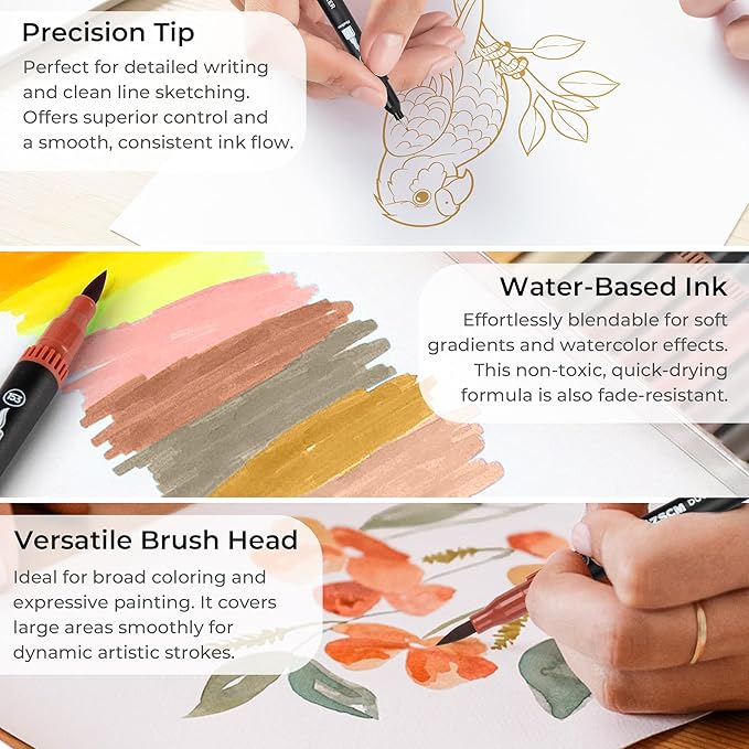 Skin Tone Duo Tip Marker Pens, 12 Pack Fine & Brush Markers for Adult Coloring Books No Bleeding, Watercolor Skin Tone Markers for Hair and Portrait Sketch Drawing Lettering Writing Calligraphy