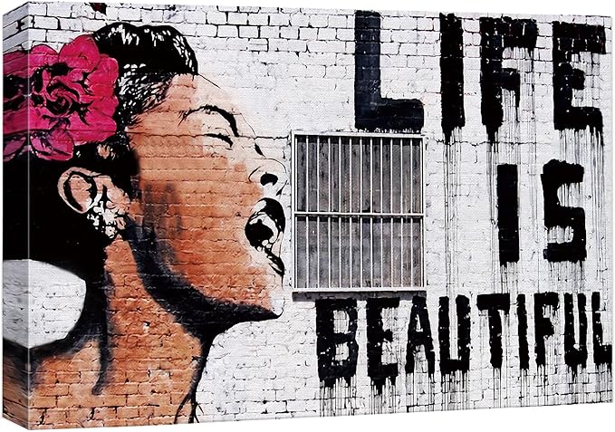 SIGNWIN Framed Canvas Wall Art Banksy Life is Beautiful Billie Holiday Graffiti & Street Art Famous People Pop Art Modern Urban Multicolor for Living Room, Bedroom, Office - 24x36 inches