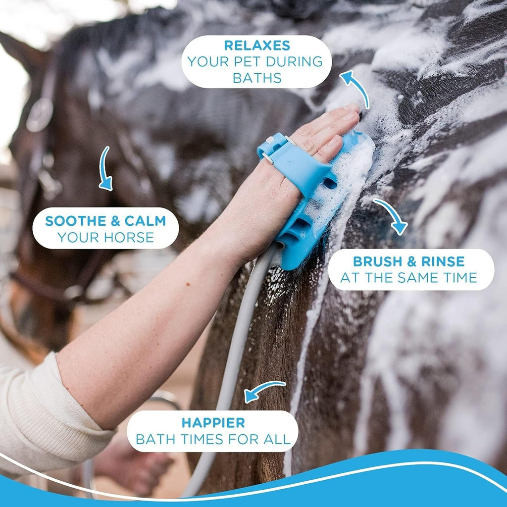 Aquapaw 5-in-1 Horse & Dog Bath Brush & Curry Comb - XL Blue Silicone - Includes 3-ft Shower Hose Attachment & Adapter - Adjustable Spray Scrub Massager - Dog Grooming Supplies