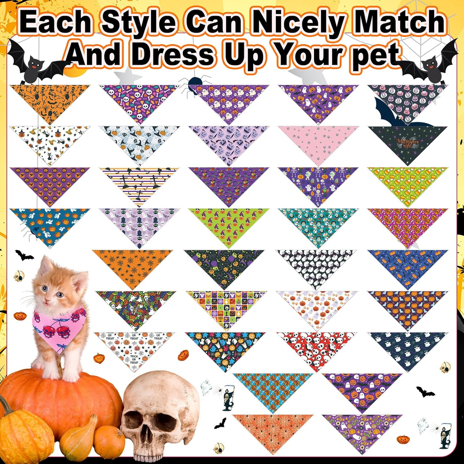Reginary 72 Packs Halloween Dog Bandanas Bulk Pumpkin Ghost Pet Bandanas Triangle Scarf Bibs Adjustable Dogs Bandana for Halloween Thanksgiving