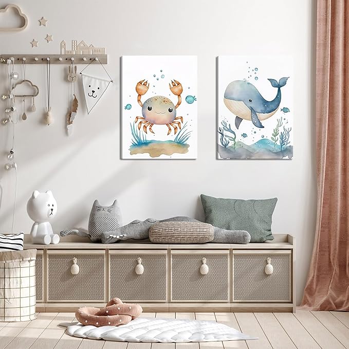Ocean Nursery Wall Art Set of 3, Sea Animal Baby Boys Room Canvas Wall Decor Paintings, Watercolor Ocean Kids Nursery Posters Prints Pictures for Boys and Girls Room, Bedroom 16x24 Inch Framed