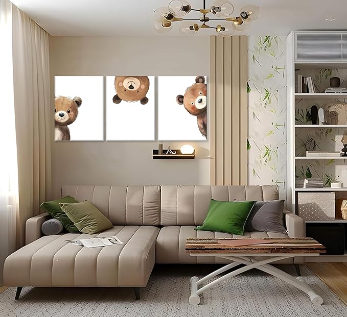 3Pcs Baby Teddy Bear Nursery Wall Art Peeking Bear Pictures Wall Decor Peekaboo Kids Room Decor Woodland Animal Posters Neutral Nursery Painting Canvas Print Artwork for Children's Baby Room Bedroom