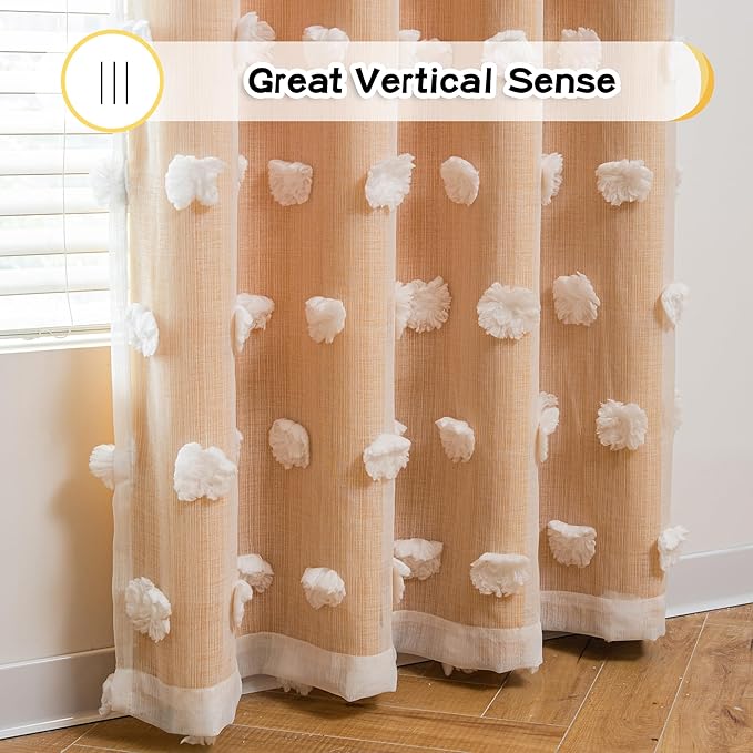 MYSKY HOME Yellow Curtains 90 Inch Long for Bedroom Nursery Curtains for Kids Room Double Layer Curtains for Living Room White Pom Pom Sheer Curtains Grommet Room Darkening Window Panels 52" x 90"