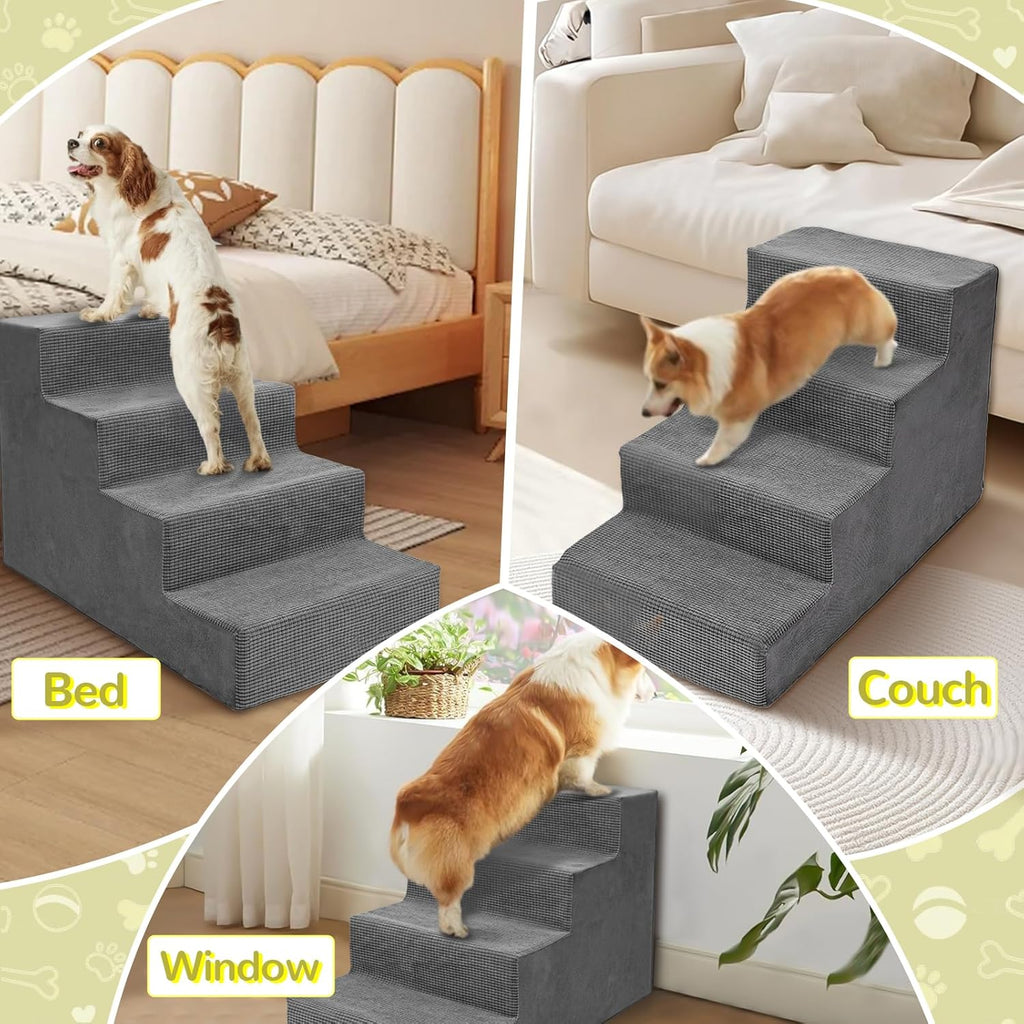 Niubya Dog Stairs for Small Dogs and Cats,18'H Non-Slip Bottom Pet Steps for High Beds and Couch,High-Density Foam Pet Stairs Grey,4 Steps