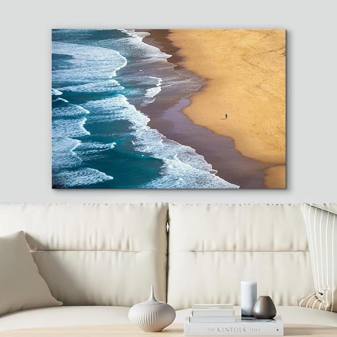 SIGNWIN Canvas Wall Art Serene Ocean Shoreline Aerial Beach View with Rolling Waves and Lone Surfer Photography Modern Art Rustic Landscape Relax/Calm for Living Room, Bedroom - 16"x24"