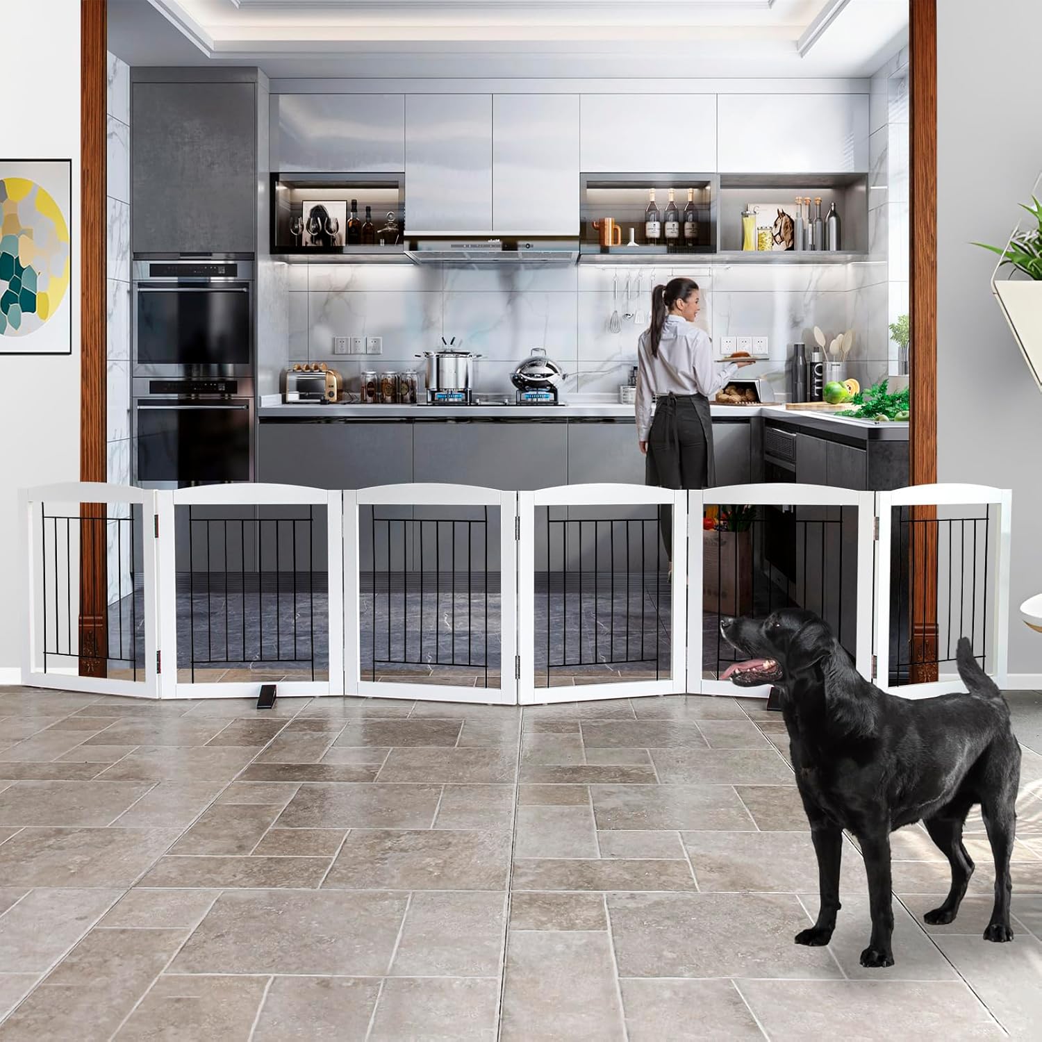 ZJSF Freestanding Dog Fence Indoor, Foldable Dog Gate for Doorways, Stairs or Hallways, Sturdy Wood Extra Wide Pet Gate with Support Feet for The House, White, 24 "Height-6 Panels