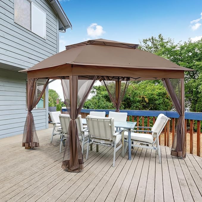 EAGLE PEAK 11x11 Pop Up Gazebo with Mesh Netting, Easy Up Screened Canopy for Patio and Backyard, Easy Set up Outdoor Gazebo (Brown)