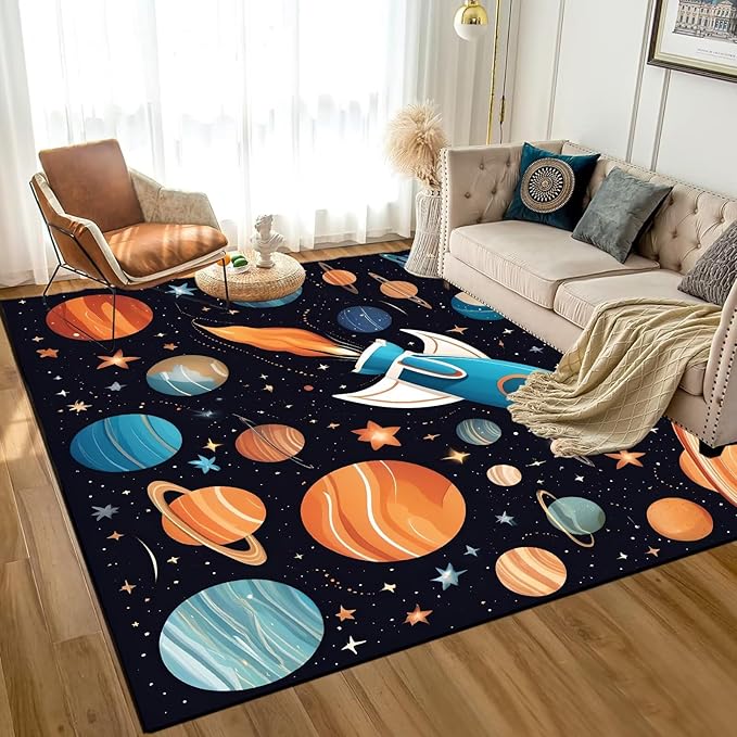 6' x 9' Space Rocket Rug for Kids Bedroom Cartoon Planet Stars Rugs Galaxy Carpet Printed Throw Rugs for Boys Children Living Room,180x275cm