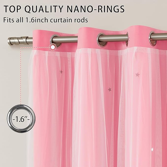 XiDi Pink Curtains with Sheer Overlay for Girls Bedroom 2 Panels Blackout Double Layer Curtains 63 Inches Length for Kids Princess Nursery Room Star Cut Out Home Decor Grommet Window Drapes W52 X L63