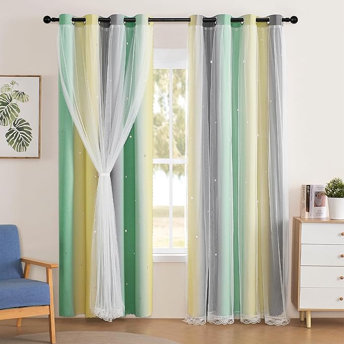 XiDi Girls Curtains for Bedroom 63 Inches Long 2 Panels Grey Green Yellow Rainbow Blackout Curtains for Little Girl Kids Room Decor Living Room, Princess Unicorn Wall Decals Drapes 52x63